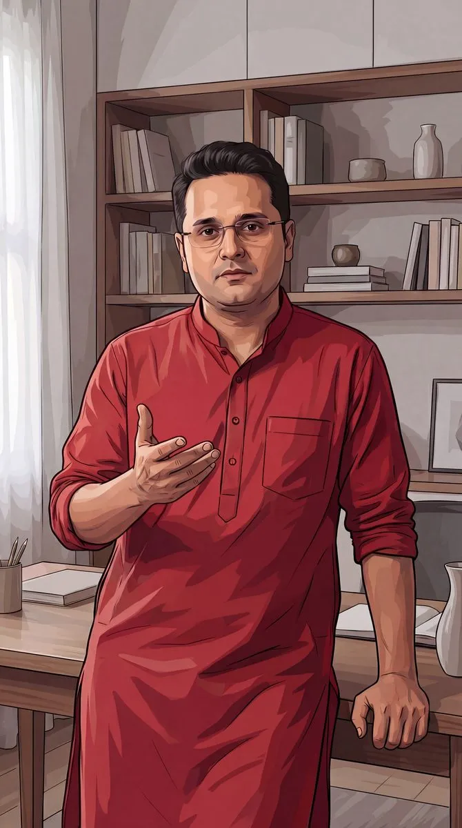 AI avatar of author Amish Tripathi, standing before a bookshelf.